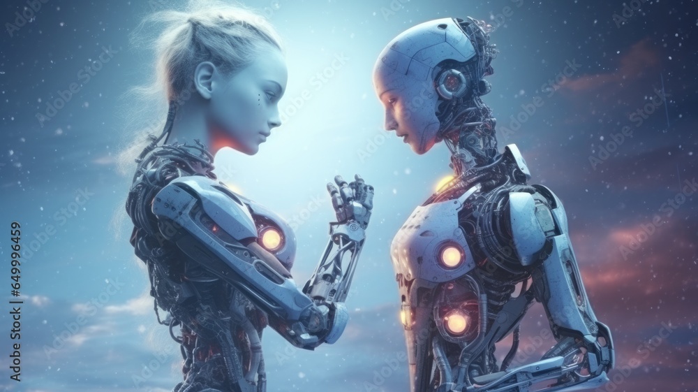 Couple of man and robot girl holding each other's hands on space sky background, imagination of love passion fantasy between human and AI. Generative AI image weber.