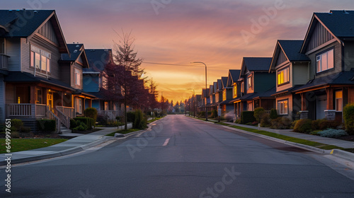 Panoramic view of a newly developed suburban neighborhood at sunset, with warm, inviting lights in every home. © Hor