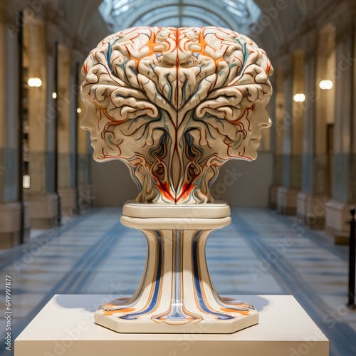 human brain as a museum ceramic carving in the style of deruta pottery photo