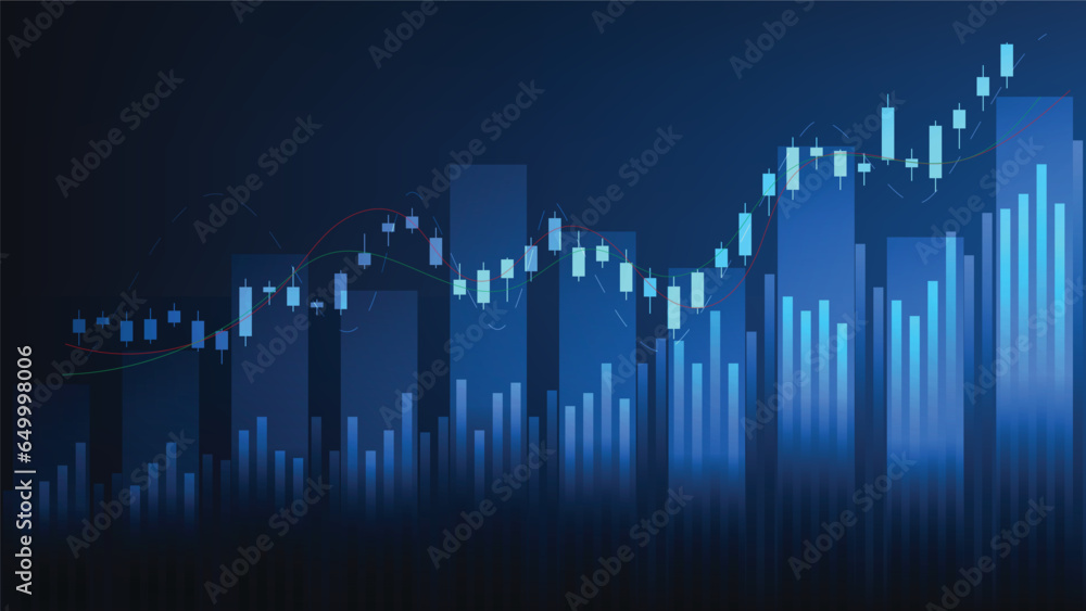 Financial business statistics with bar graph and candlestick chart show stock market price on dark blue background
