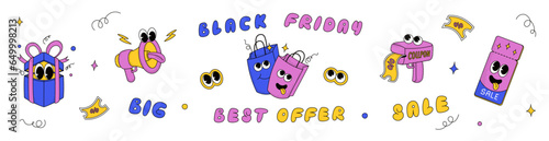 Set of cool trendy groovy sale promo characters of bullhorn, coupon gun, voucher, gift box, shop bags and bubble lettering Big Sale, Black Friday, Best Offer. Isolated vector comic cartoon mascots