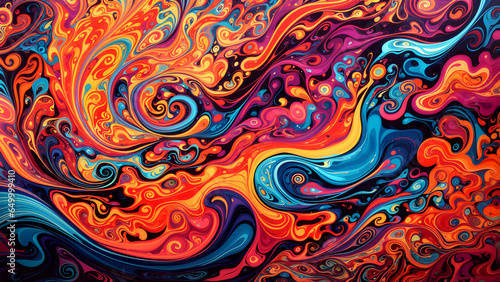 A vibrant, abstract design that captures the energy of a psychedelic journey, with swirling colors and intricate patterns. Generative AI.