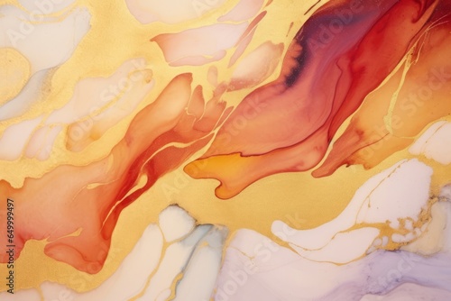 Natural luxury abstract fluid art painting in alcohol ink technique. Tender and dreamy wallpaper. Mixture of colors creating transparent waves and golden swirls. For posters, printed, Generative AI