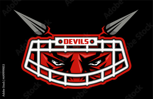 devil mascot wearing football facemask and horns for school, college or league sports