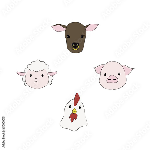 羊豚鶏牛さんの顔のイラストセット　カラー　文字なし