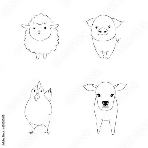 羊豚鶏牛さんのイラストセット　モノクロ線画　文字なし