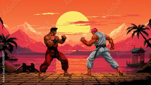 Retro fighting games. Classic 90's arcade pixel art. 