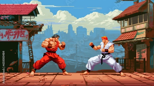 Retro fighting games. Classic 90's arcade pixel art. 