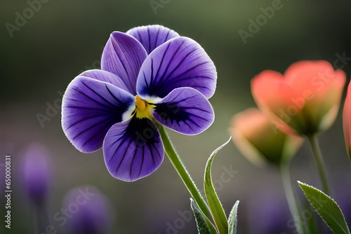 Produce an image that showcases the elegance of a single pansy, with its unique color patterns and perfectly formed petals, set amidst a backdrop of peaceful beauty