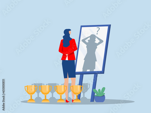 imposter syndrome, businesswoman looking shadow himself through mirror for Anxiety and lack of self confidence at work vector