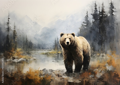 Bear in a Forest with mountains Oil Painting artwork, wall art, illustration, High resolution, Printable