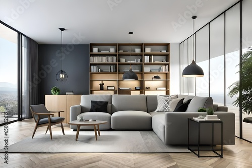 Comfortable grey furniture with wooden shelving unit and black lamp in light living room. Modern living room. 3d rendering