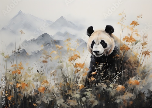 Panda in a Snow Forest Oil Painting artwork  wall art  illustration
