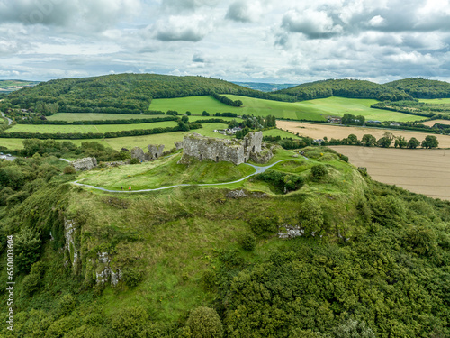 Aerial view of Dunamase legendary Irish hilltop castle ruin with cloudy blue sky photo