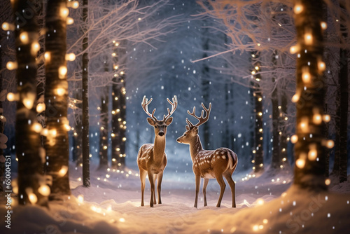 Beautiful deer and christmas festival in pine woods spectacular decoration