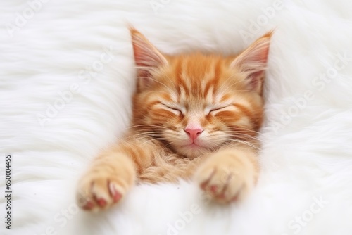 Red kitten, cat sleeping cute on white fur. 