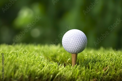 White golf ball on wooden tee with grass. 