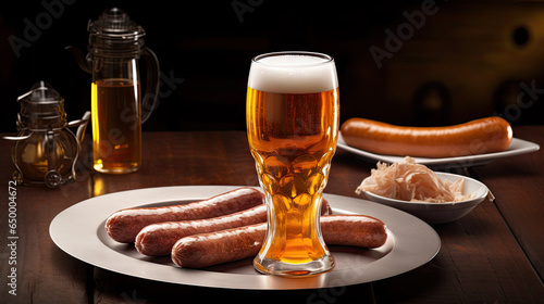 Glass of cold beer on table with 2 barbecue sausages.