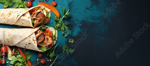 Healthy lunch with tortilla wraps grilled chicken and fresh veggies on blue background Top view space to copy photo