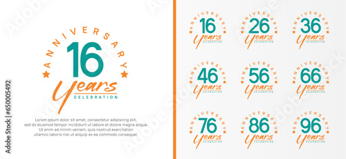 set of anniversary logo flat green color number and orange text on white background for celebration
