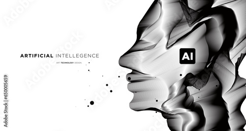 Vector wave lines flowing dynamic face in black and white isolated background for the concept of AI technology digital communication science music
