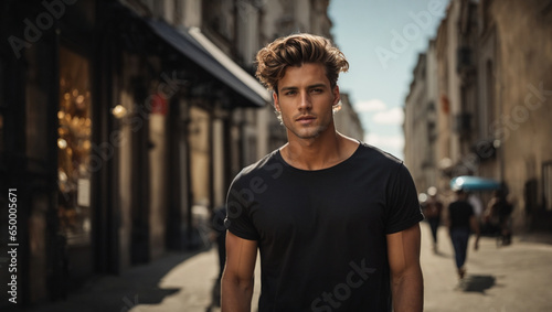 Male model in a classic black cotton T-shirt on a city street
 photo