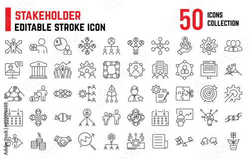 Stakeholder Editable Stroke Icons related to business leadership, human resource management, team work, Success, Project Stake holders Thin Icon 50+