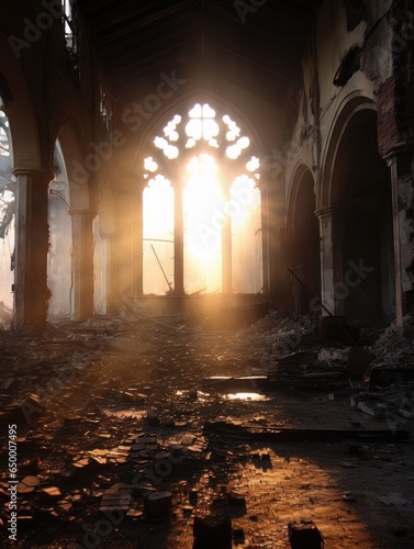 Ruins of abandoned palace or catholic church indoor in the sunshine. AI