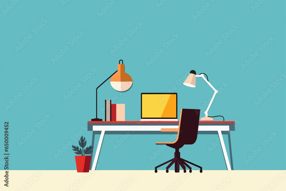 modern interior business contemporary workspace with chair table laptop lamp, vector illustration
