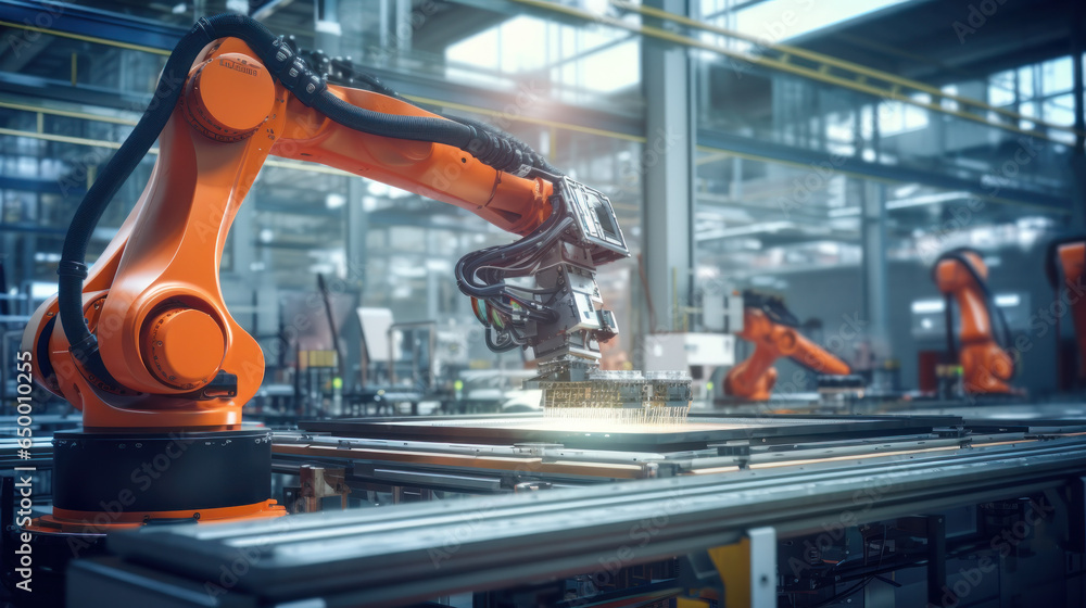 Production line with industrial Robot Arme at modern bright factory. Solar panels are being assembled on conveyor. Automated manufacturing facility. Production line with industrial Robot Arme at modern bright factory. Solar panels are being assembled on conveyor. Automated manufacturing facility.