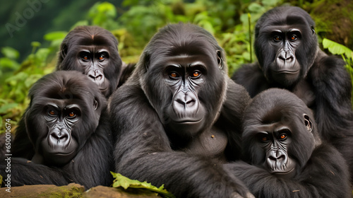 family group of mountain gorillas, gorilla beringei beringei, resting together in the Bwindi Impenetrable Forest, Uganda. The largest great photo