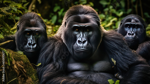 family group of mountain gorillas, gorilla beringei beringei, resting together in the Bwindi Impenetrable Forest, Uganda. The largest great © Oulailux