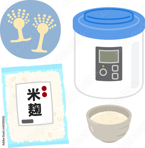 米麹と甘酒メーカーと麹菌のイメージ