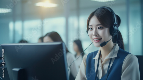 Female employee, call center in the office. daylight
