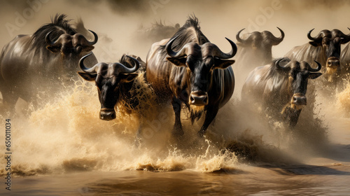Wildebeest crossing the Mara River during the annual great migration. Every year millions will make the dangerous crossing when migrating between Tansania and the Masai Mara in Kenya