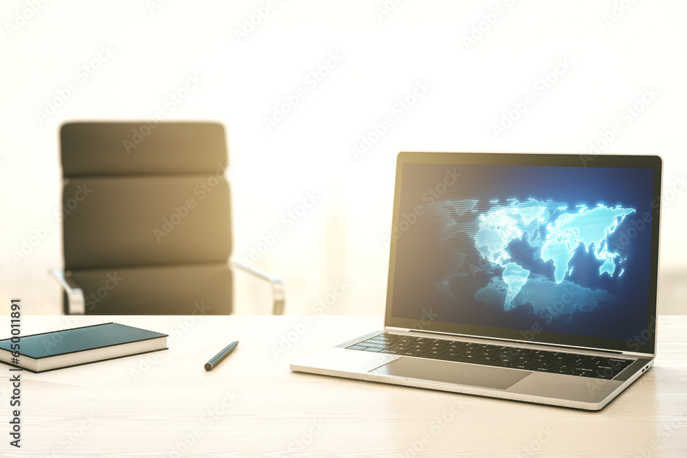 Naklejka premium Abstract creative world map on modern laptop screen, international trading concept. 3D Rendering
