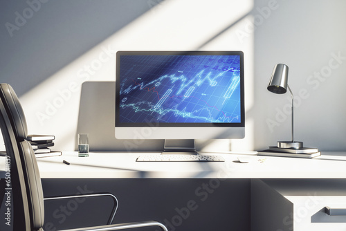 Modern computer monitor with abstract creative financial chart, research and strategy concept. 3D Rendering