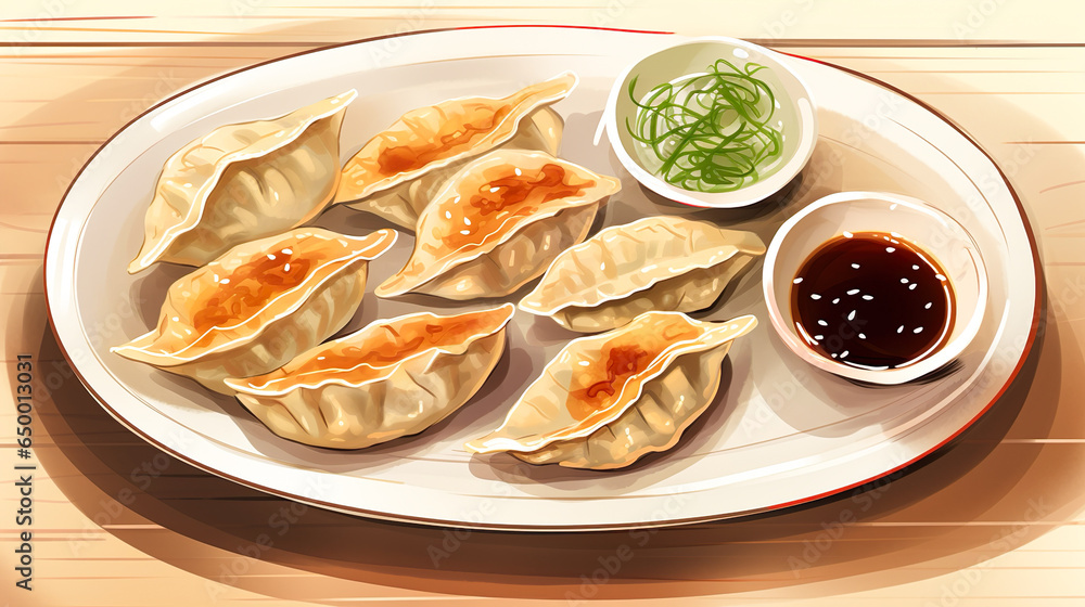 お皿に盛りつけた焼き餃子のイラスト Stock-Illustration | Adobe Stock