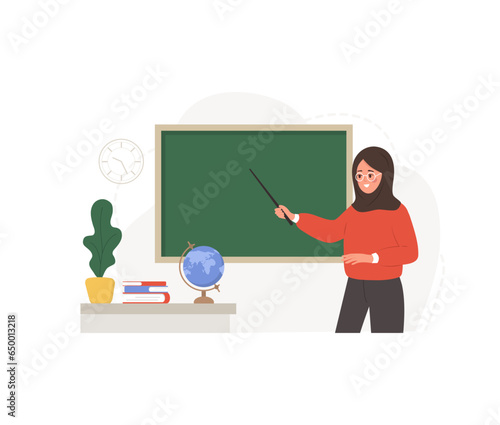 Arabian female teacher in classroom. Pedagogue with pointer at chalkboard. School and college concept. Vector illustration in flat cartoon style.