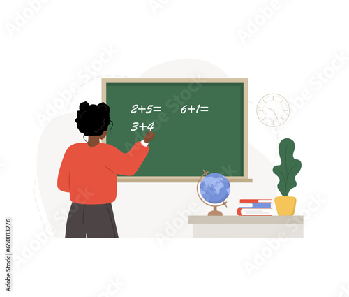 African female teacher in classroom. Pedagogue writes on chalkboard. School and college concept. Vector illustration in flat cartoon style.