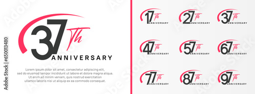 set of anniversary logo black color number and pink swoosh on white background for celebration photo