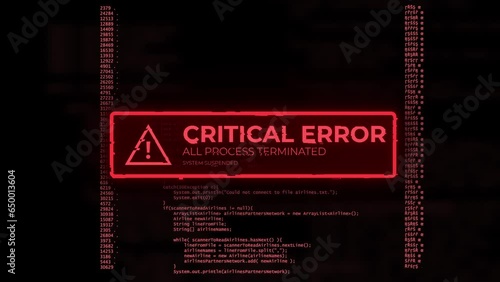 CGI video of critical error message flashing on computer screen with code in background, hacker alert design photo