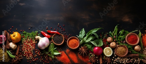 High quality photo of herbs and spices for cooking on a dark background with copy space for a mock up banner