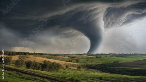 A massive tornado approaches a countryside setting, amidst undulating terrain, beneath foreboding stormy skies. Its swirling vortex foreshadows impending destruction