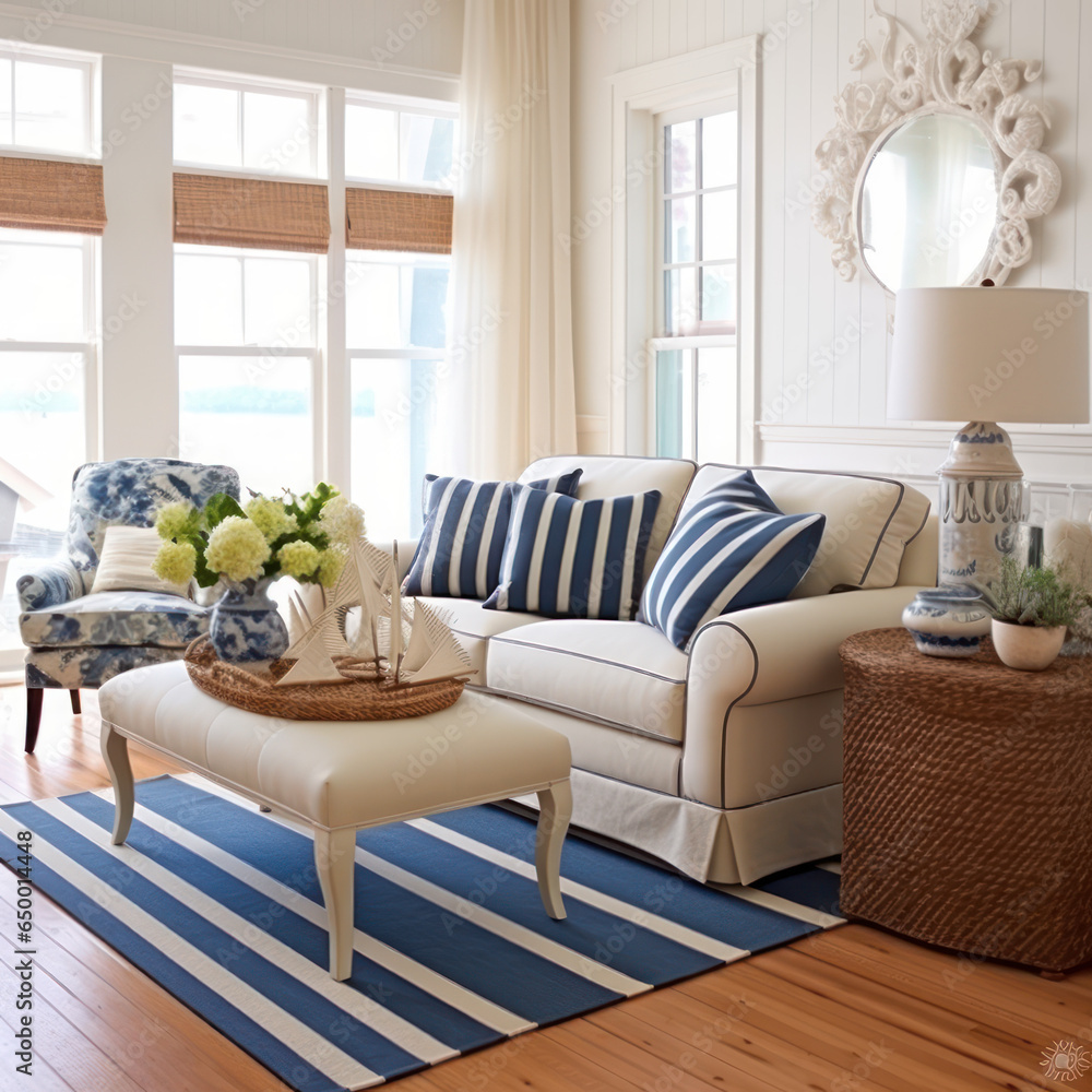 Fototapeta premium Nautical coastal living room blue sofa striped rug 