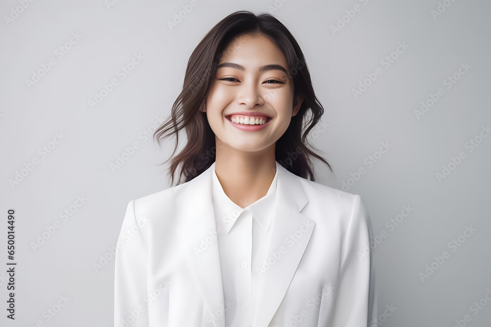 Happy smiling Asian woman posing on her blank white suit while standing isolated over gray background. Professional uniforms such as accountant, office girl, sales. Generative AI. Happy smiling Asian woman posing on her blank white suit while standing isolated over gray background. Professional uniforms such as accountant, office girl, sales. Generative AI.