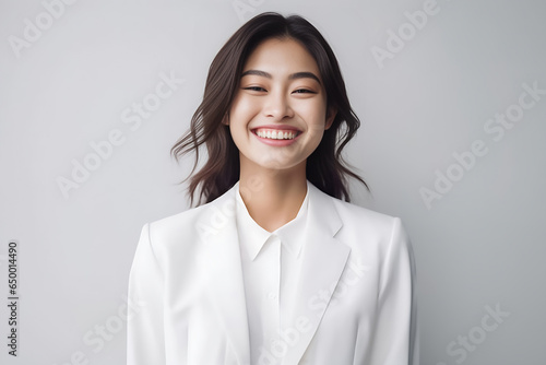 Happy smiling Asian woman posing on her blank white suit while standing isolated over gray background. Professional uniforms such as accountant, office girl, sales. Generative AI. photo