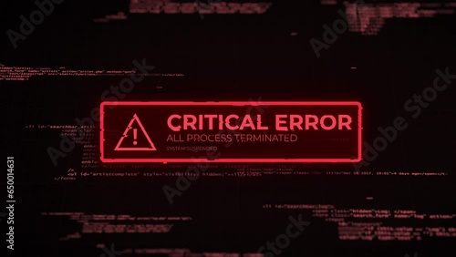 CGI video of red critical error message on computer screen with code in background, hacker attack alert design photo