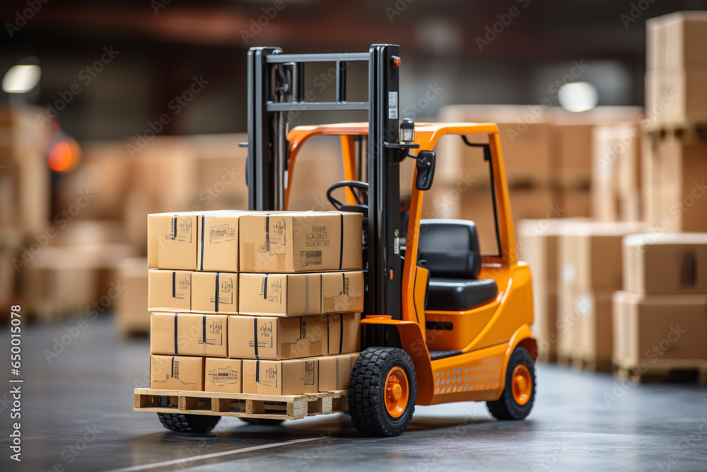 forklift lifting goods and cartons with blurred warehouse background logistic concepts