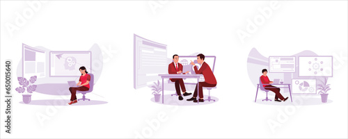 Developing programming and coding technology. Programmer working in office. Programming code. Software developers concept. Set Trend Modern vector flat illustration